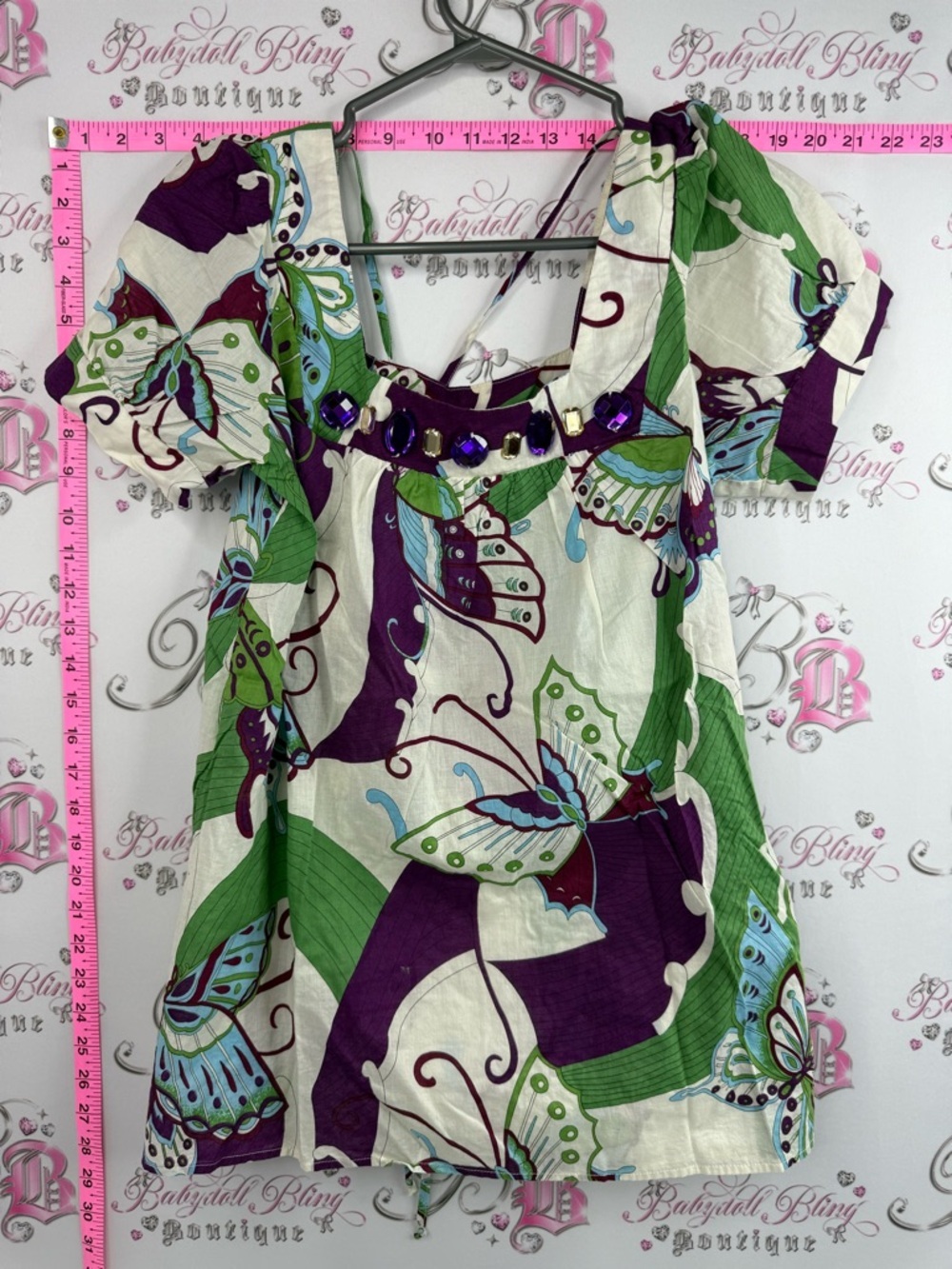 725 originals shirt, jewels Butterfly Print Puff Sleeve Top — Purple & Green